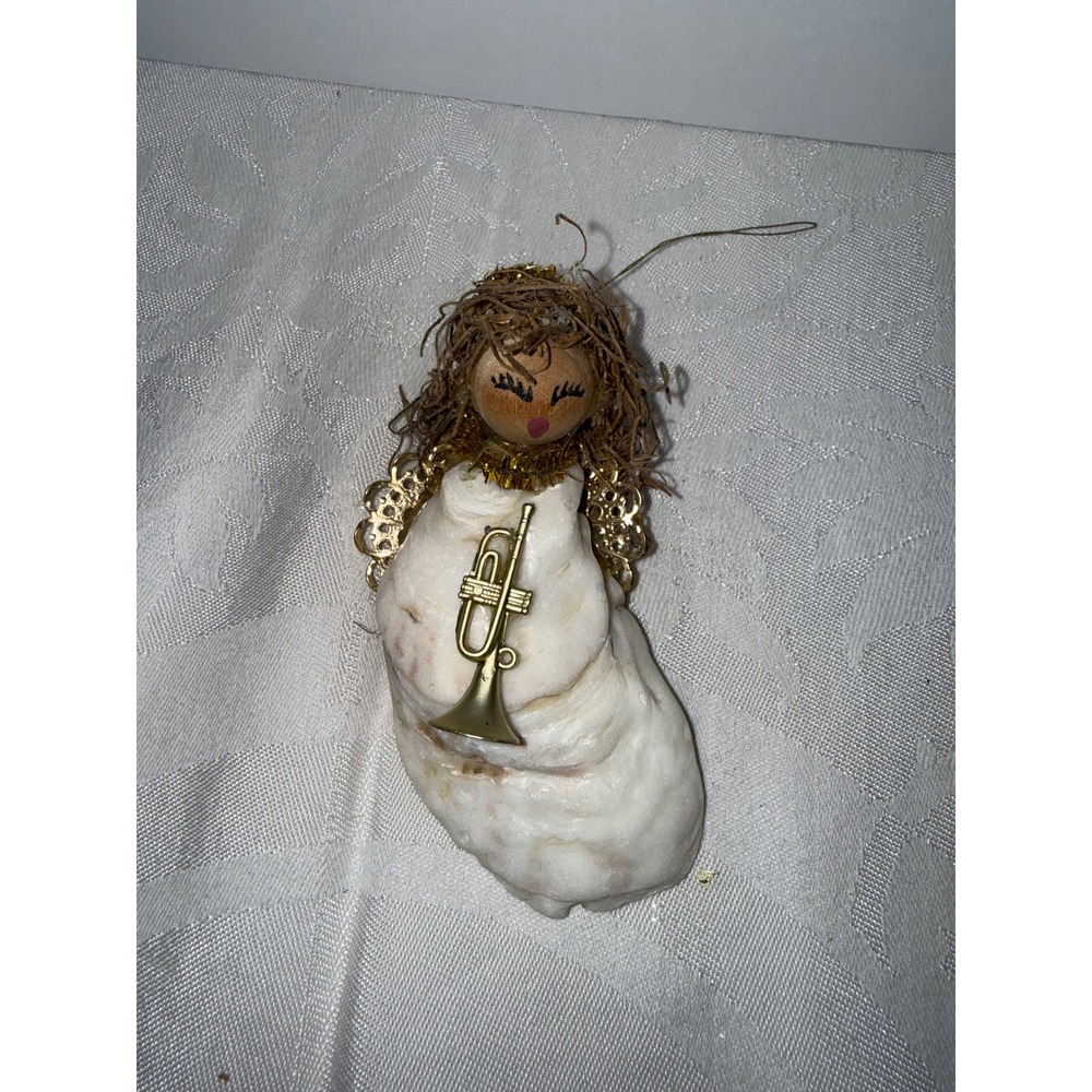 Vintage Handmade Oyster Shell Angel Ornament Gold Trumpet Wings Coastal Folk Art